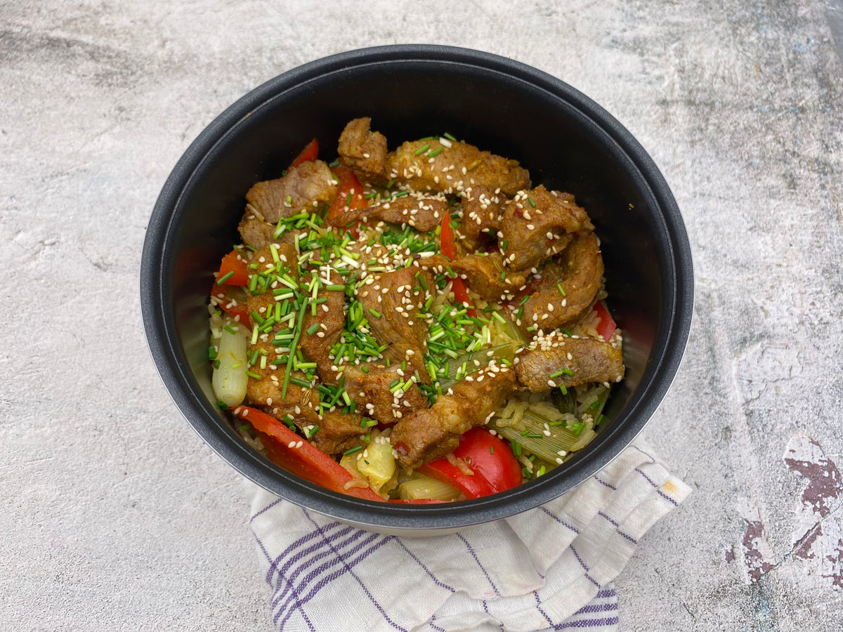 One-Pot aus dem Reiskocher mit Schweinenacken