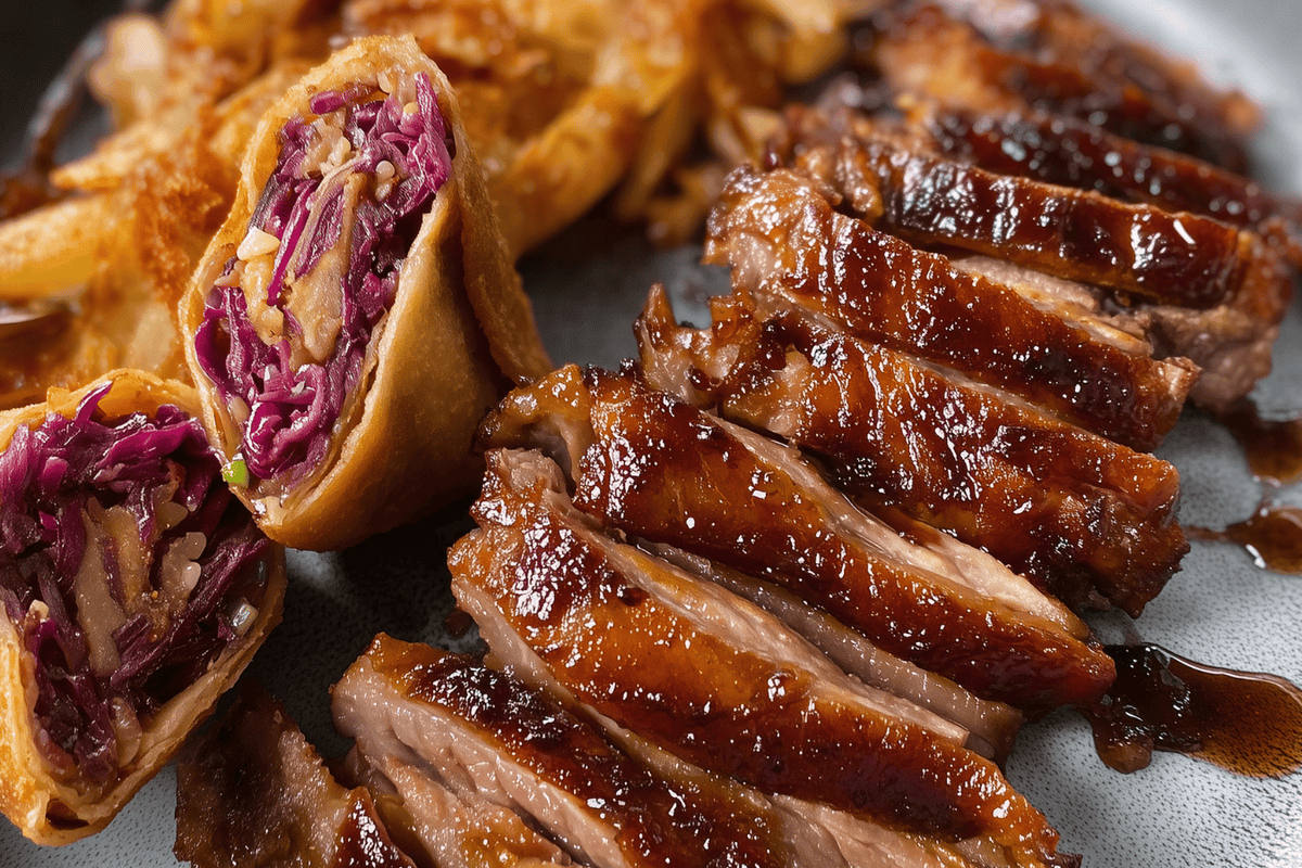 Entengeröstl mit Kartoffel-Rotkohl-Frühlingsrolle