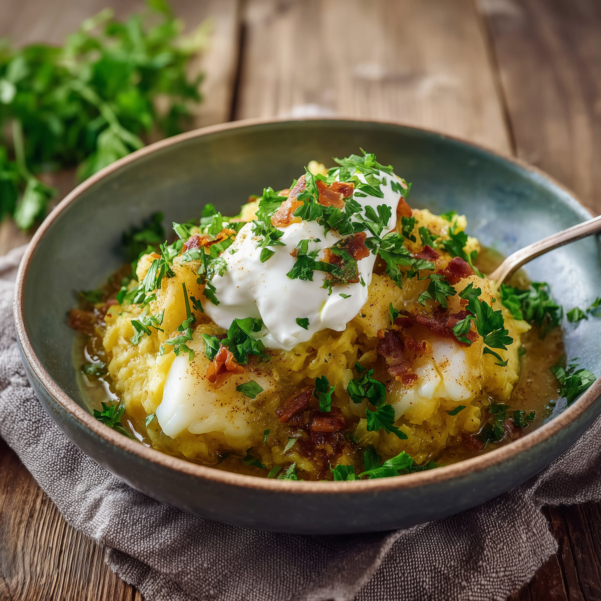 Kartoffel-Steckrüben-Stampf mit Speck und Überraschung