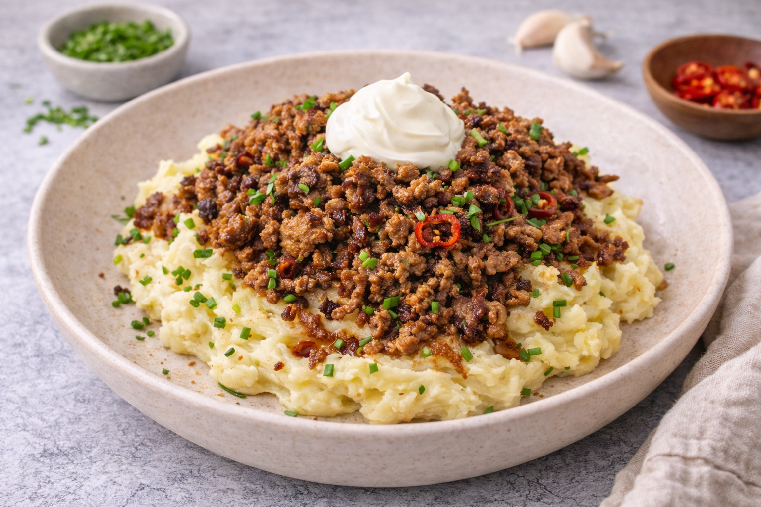 Kartoffel-Knoblauchstampf mit geröstetem Hack