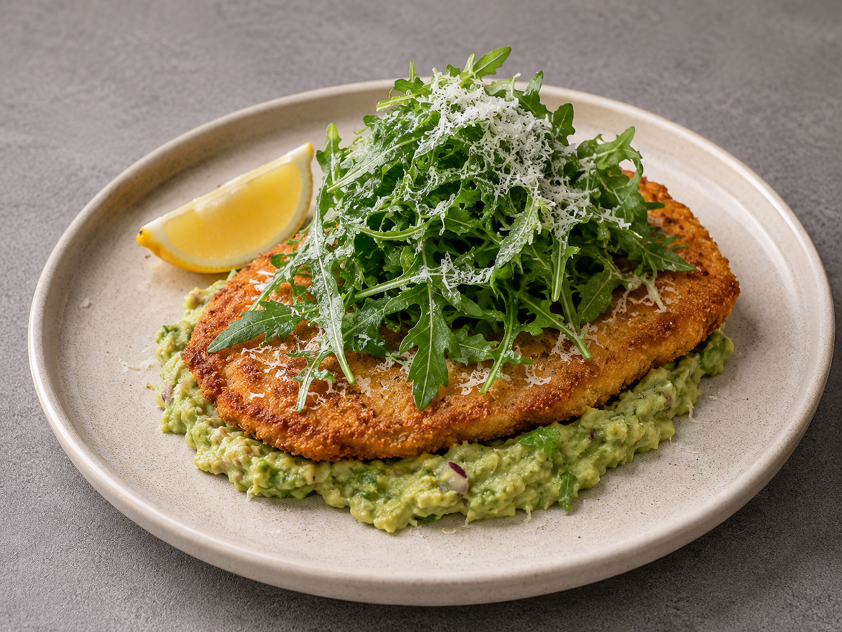 Pfefferschnitzel auf Guacamole mit knusprigem Rucola