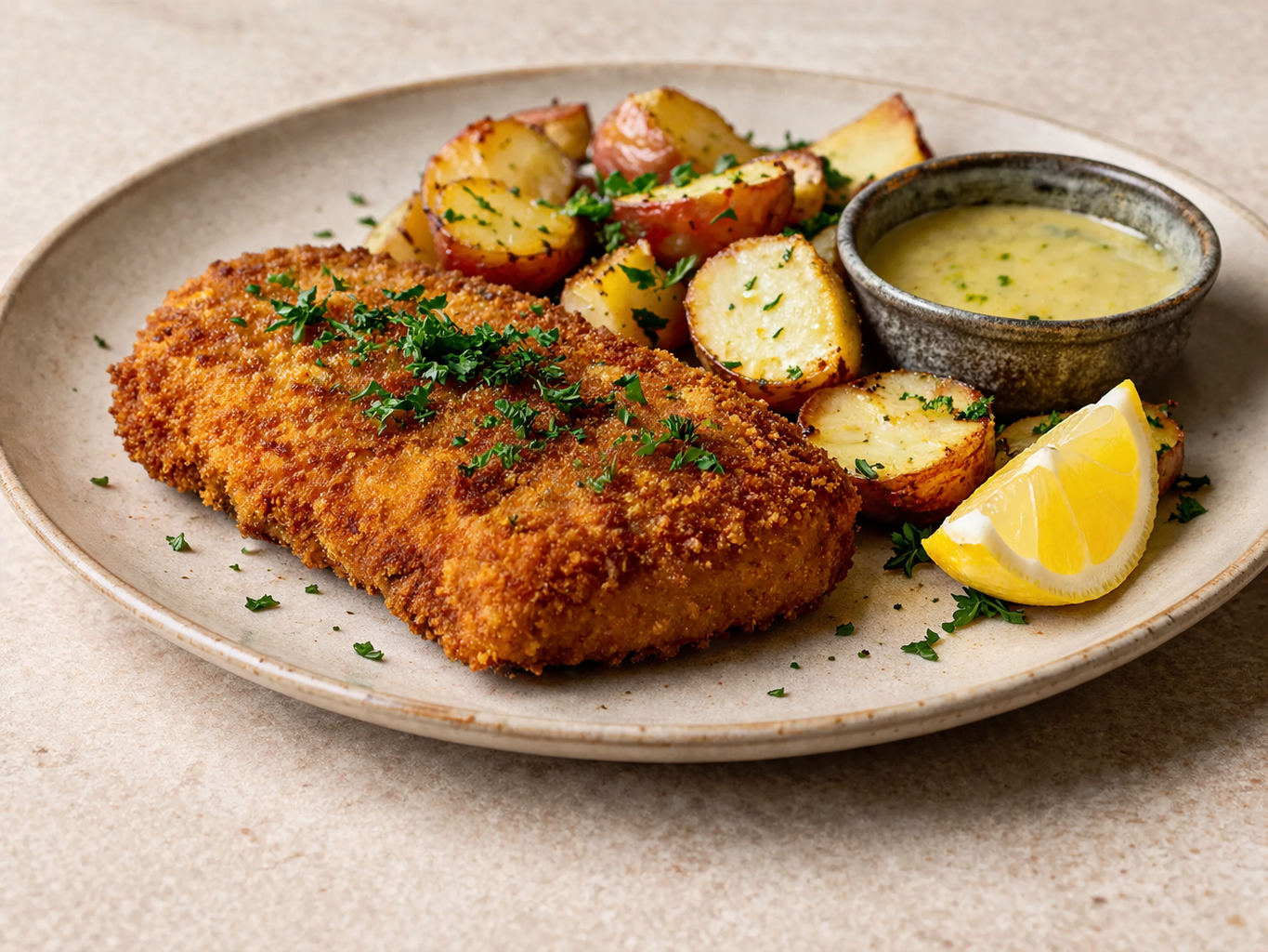 Cordon bleu mit Bratkartoffeln und Zitronenbutter