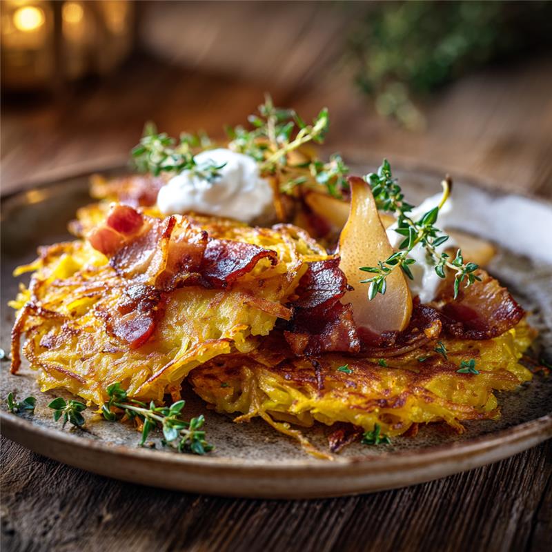 Kürbis-Kartoffel-Rösti mit Birne und Speck