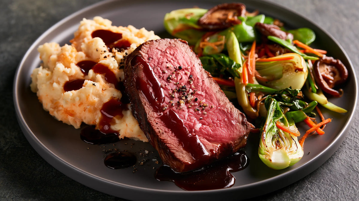 Rückwärts gegartes Roastbeef mit Wok-Gemüse, Spicy-Sauerrahm-Püree & Teriyaki