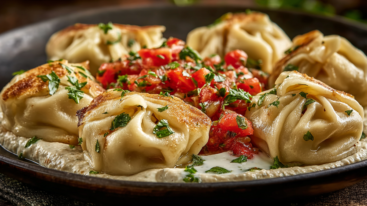 Manti mit geräuchertem Auberginen-Dip