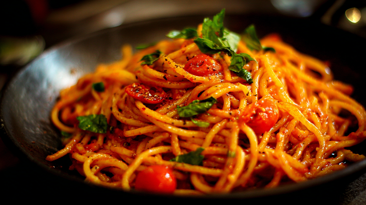 Spaghetti in scharfer Tomatensoße