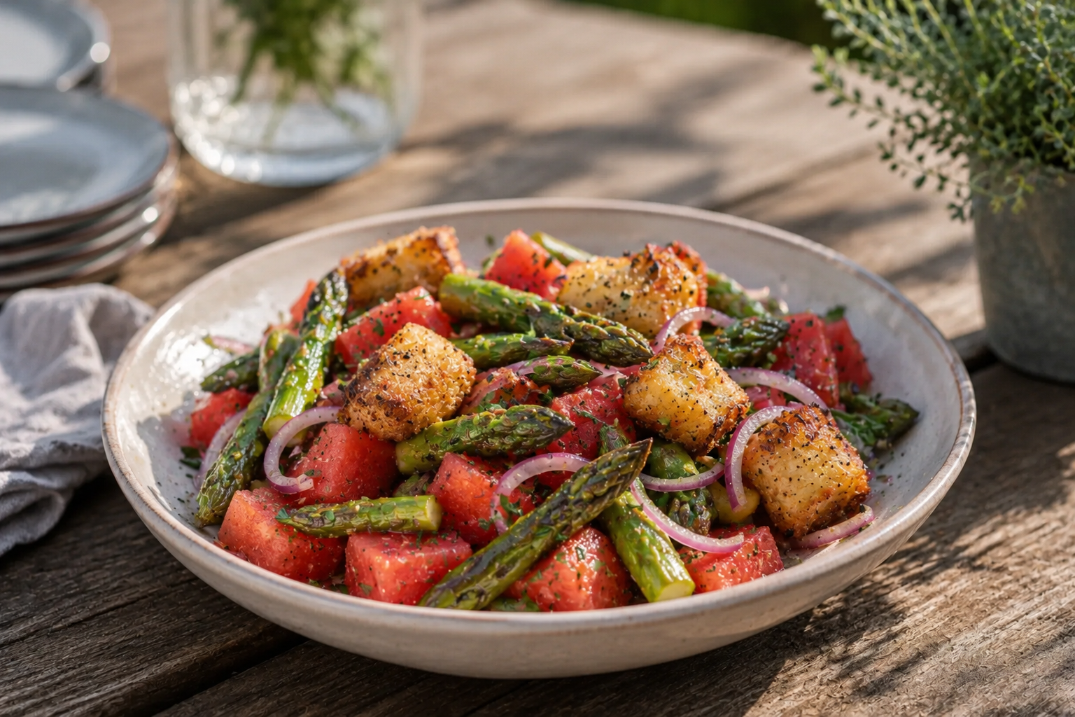 Spargelsalat mit Brot und Melone