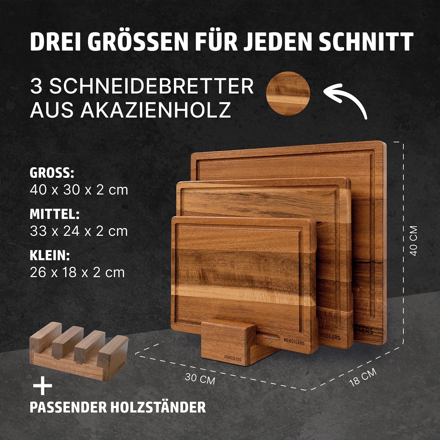HENSSLERS Scheidebrett Akazienholz 3er Set